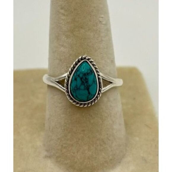 Jewelry - Womens Size 7 Turquoise Ring Sterling Silver 925 Teardrop Rope Detailing Boho